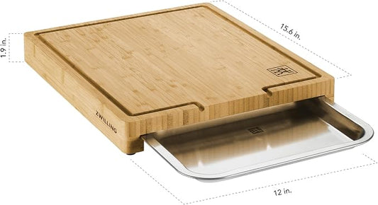 ZWILLING BBQ+ Cutting Board with Stainless Steel Tray, Bamboo Wood, 15.5-inch x 12-inch