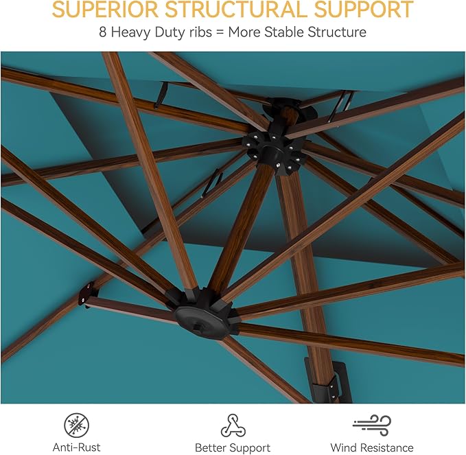 10x13 FT Wood Pattern Patio Umbrella with Base, Large Deluxe Cantilever Rectangular Double Top Heavy Duty Offset Umbrellas with 360° Rotation, Outdoor shade for Garden Pool Patio, Turquoise