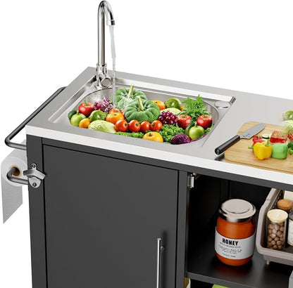 KEIKI Outdoor Grill Table with Sink, Grill Cart with 304 Stainless Steel Sink and Cabinet, Outdoor Cart Station with Wheels, L38 x W18 x H35