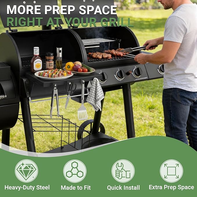 GRISUN Grill Front Shelf for Oklahoma Joe’s Canyon Combo & Longhorn Combo Grill – 16.5" x 5.5" Heavy-Duty Coated Steel BBQ Prep Shelf with 4 Tool Hooks, Front Shelf Replacement Accessories