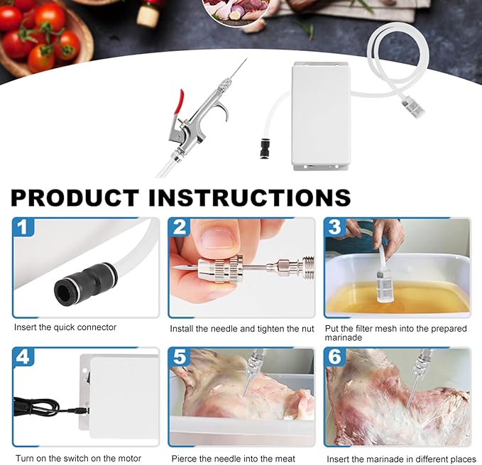 Electric Meat Injector Gun Pump with Hose - 70W Stainless Steel Marinade Injector Syringe, 10 Needles for BBQ, Turkey, Pork, Beef - Perfect for Home Grilling, Family Parties & Outdoor Cooking