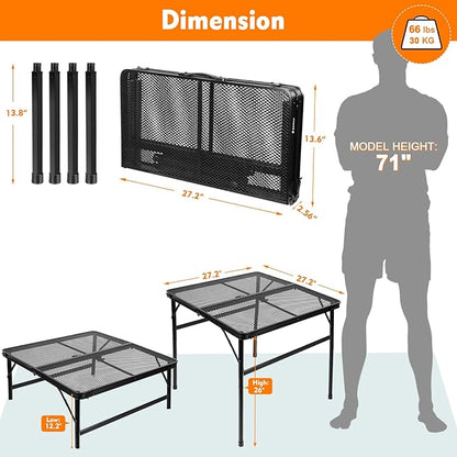 Square Folding Card Table with Adjustable Height (12" & 26"), Black Portable Metal Mesh Table for Camping, BBQ, Picnic, Game, Patio & Indoor Use, Fits 2–4 People, Lightweight 7.6 lb, Supports 66 lb