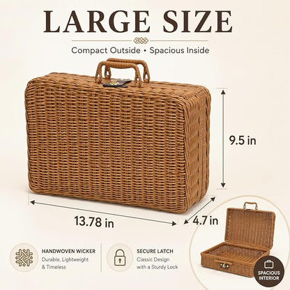 Wicker Picnic Basket, Decorative Prop Suitcase Vintage Storage Hamper Makeup Organizer, Metal Lock Rattan Storage Box with Handles for Sundries Travel Camping and Outdoor Party (Brown, M+XL)