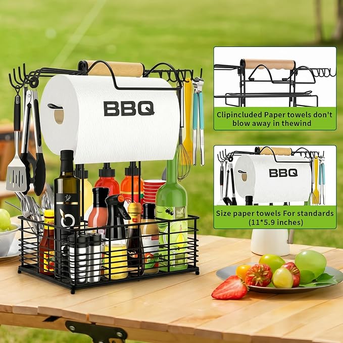 Grill Caddy, BBQ Caddy for Outdoor Grill, Upgraded Camping Accessories with Windproof Paper Towel Holder, Camping Essentials, Outdoor Kitchen BBQ Grill Accessories for Camper, Grilling Gifts for Men