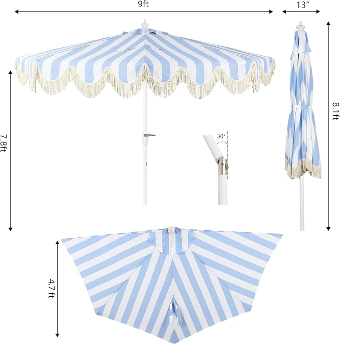 JONATHAN Y Beverly 9 ft. Striped Half Umbrella, Light Blue/White | Coastal Scalloped Fringe, Crank Lift, 30 Degree Manual Tilt, UV 50 Polyester Canopy, Aluminum Frame, Space Saving Design