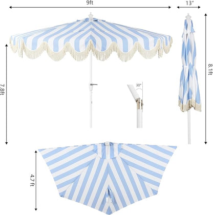 JONATHAN Y Beverly 9 ft. Striped Half Umbrella, Light Blue/White | Coastal Scalloped Fringe, Crank Lift, 30 Degree Manual Tilt, UV 50 Polyester Canopy, Aluminum Frame, Space Saving Design