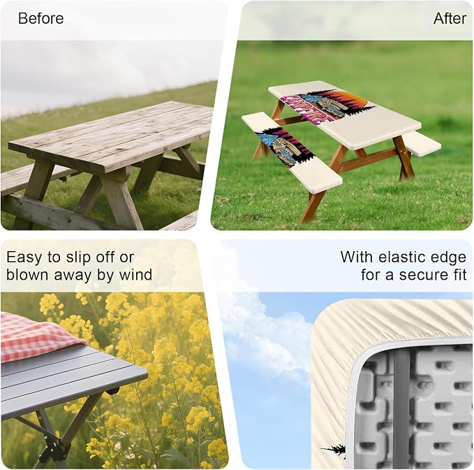 ANNA QUEEN Retro Camping Adventure 6FT Picnic Table Cover with Bench Covers Set of 3 with Drawstring Bag, Vintage Camper 72"x30" Waterproof Picnic Tablecloth & Bench Covers