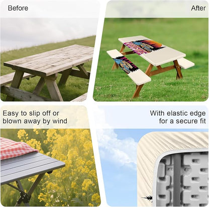 ANNA QUEEN Retro Camping Adventure 6FT Picnic Table Cover with Bench Covers Set of 3 with Drawstring Bag, Vintage Camper 72"x30" Waterproof Picnic Tablecloth & Bench Covers