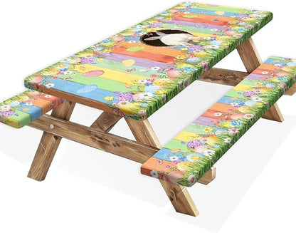 Easter Picnic Table Cover with Bench Covers, Cute Bunny Flower Colorful Wooden Board Camping Tablecloth, Waterproof Windproof, Fitted Tablecloth Cover with Elastic Edge, for Outdoor, 3 PCS, 30x96 Inch