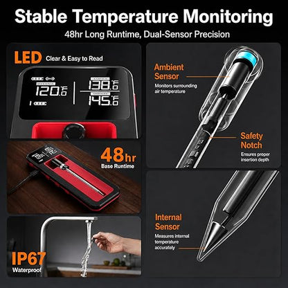 Smart Wireless Meat Thermometer IP67 Ultra-Thin Probe ±0.5℉ Accuracy Bluetooth 230ft Real-Time Monitoring & Smart Alerts with APP Standalone Display Base for BBQ, Oven, Kitchen,Grill,Smoker