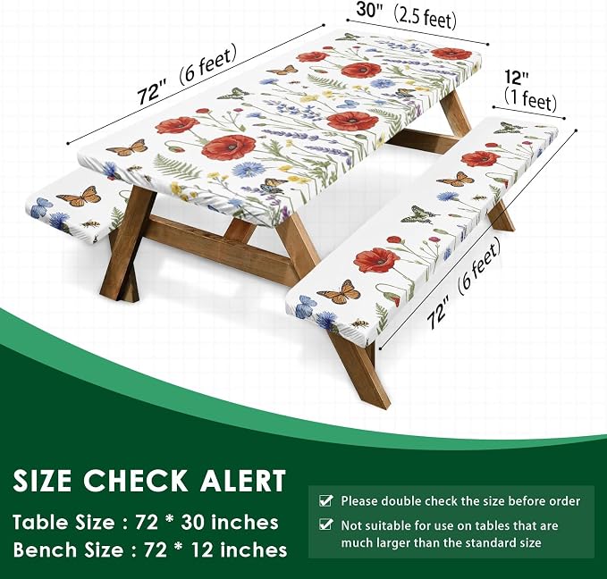 Picnic Table Cover with Bench Covers, Wildflower Camper, 72 Inch | 3PCS Waterproof fitted tablecloth elastic edges outdoor camping essentials with drawstring bag