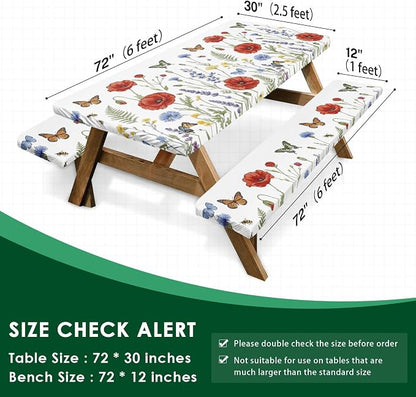 Picnic Table Cover with Bench Covers, Wildflower Camper, 72 Inch | 3PCS Waterproof fitted tablecloth elastic edges outdoor camping essentials with drawstring bag