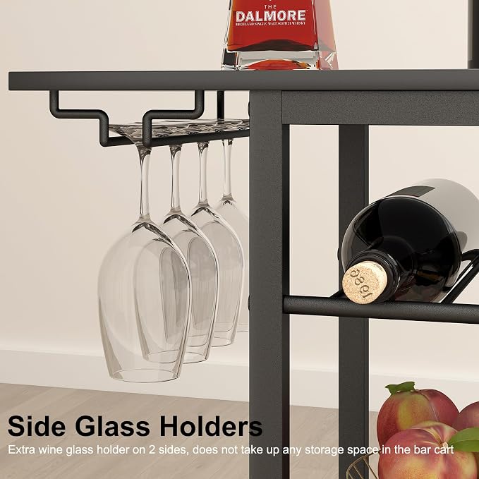 LAATOOREE Bar Cart 4 Tier, Home Serving Cart, Black Mobile Drink Beverage Cart, Rolling Kitchen Shelf with Wine and Glass Holders, for Living Room