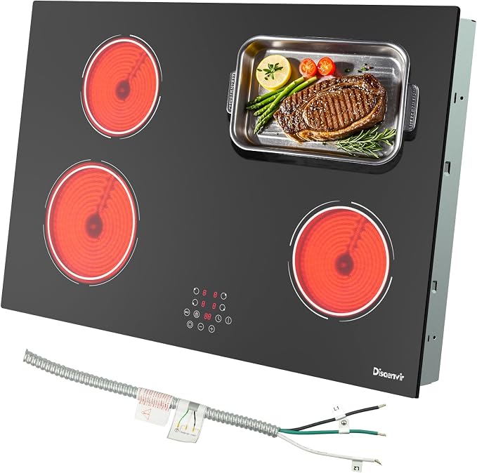 30 Inch Electric Cooktop 6400W, 240V Hard Wire (No Plug) | 4 Burner Glass Electric Stovetop 30 Inches, 99-Min Timer, Safety Lock, Pause, Rual Ring, Touch Control, 220V Hard Wired