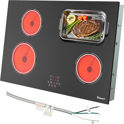 30 Inch Electric Cooktop 6400W, 240V Hard Wire (No Plug) | 4 Burner Glass Electric Stovetop 30 Inches, 99-Min Timer, Safety Lock, Pause, Rual Ring, Touch Control, 220V Hard Wired
