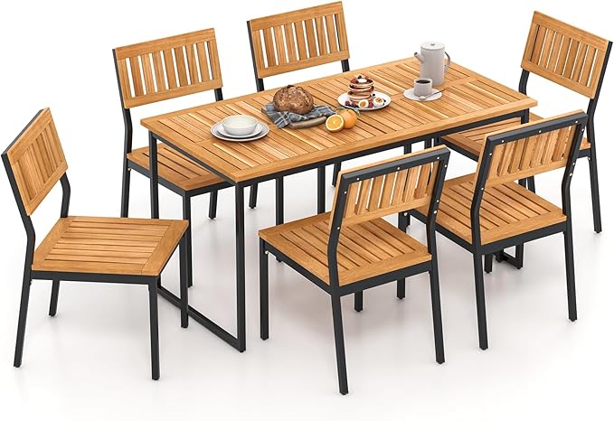 Tangkula 7 Piece Outdoor Dining Set for 6, Acacia Wood Rectangular Dining Table & 6 Armless Chairs w/Metal Frame, Umbrella Hole, Farmhouse Dining Furniture Set for Garden Porch Poolside