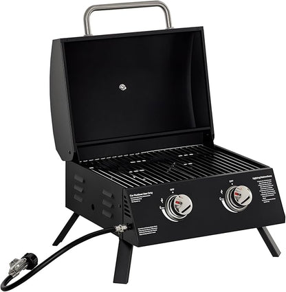 Outsunny 2 Burner Propane Gas Grill Outdoor Portable Tabletop BBQ with Foldable Legs, Lid, Thermometer for Camping, Picnic, Backyard, Black