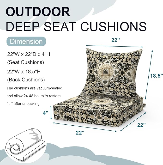 DYTXIII Outdoor Deep Seat Cushion Set, Water Repellent 22"x22" Patio Thick Cushions Replacement with Seat & Back Pillow for Patio Sofa, Wicker Chair, Couch - Vintage Medallion