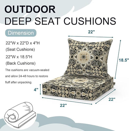 DYTXIII Outdoor Deep Seat Cushion Set, Water Repellent 22"x22" Patio Thick Cushions Replacement with Seat & Back Pillow for Patio Sofa, Wicker Chair, Couch - Vintage Medallion