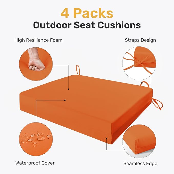 UNIKOME Outdoor Chair Cushions Pack of 4, Water Resistant Patio Cushions with Ties, High Density Sponge Filling Square Corner Seat Cushions for Outdoor Furniture, 19"*19"*3", Orange