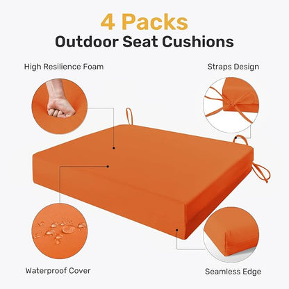 UNIKOME Outdoor Chair Cushions Pack of 4, Water Resistant Patio Cushions with Ties, High Density Sponge Filling Square Corner Seat Cushions for Outdoor Furniture, 19"*19"*3", Orange
