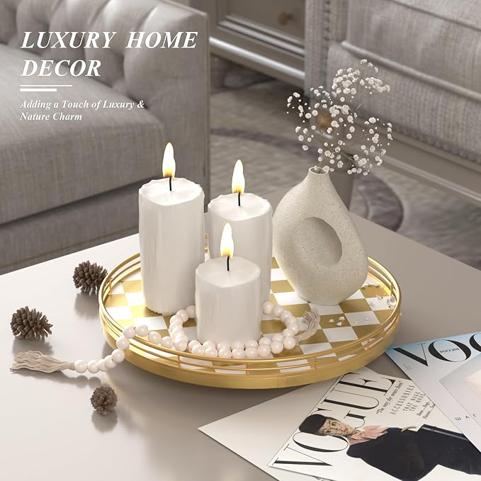 AMH 12-Inch Gold and White Checkerboard Lazy Susan with Metal Rail | Smooth rotating oak tray with walnut finish for dining tables, kitchen counters, pantries and cabinet storage.