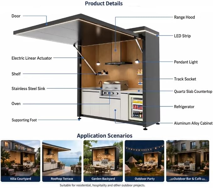 Outdoor Kitchen Island with Burner Gas Grill & Refrigerator, Modular BBQ Station with Rotisserie, Sink, Storage & Covered Roof – Premium Outdoor Kitchen Pod for Luxury Backyard, Villa, Resort
