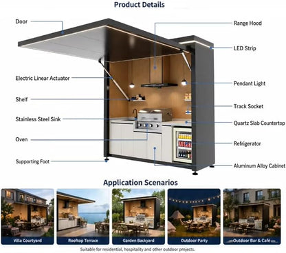 Outdoor Kitchen Island with Burner Gas Grill & Refrigerator, Modular BBQ Station with Rotisserie, Sink, Storage & Covered Roof – Premium Outdoor Kitchen Pod for Luxury Backyard, Villa, Resort