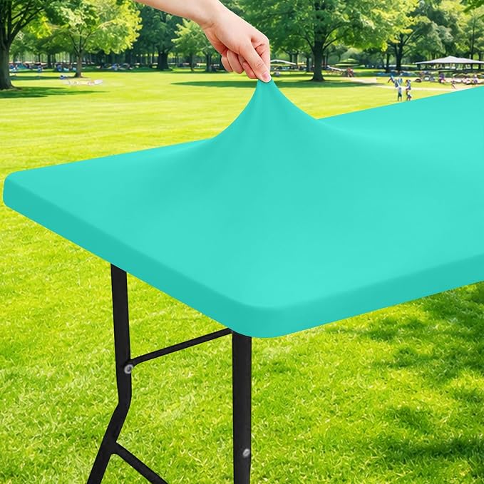 Moosfor Spandex 8 Foot Rectangle Table Cloth, Elastic Fitted Tablecloths for Picnic, Stretch Washable Patio Table Cover for Outdoor, Camping, Banquet and Parties (Aqua Blue, 30"x96")
