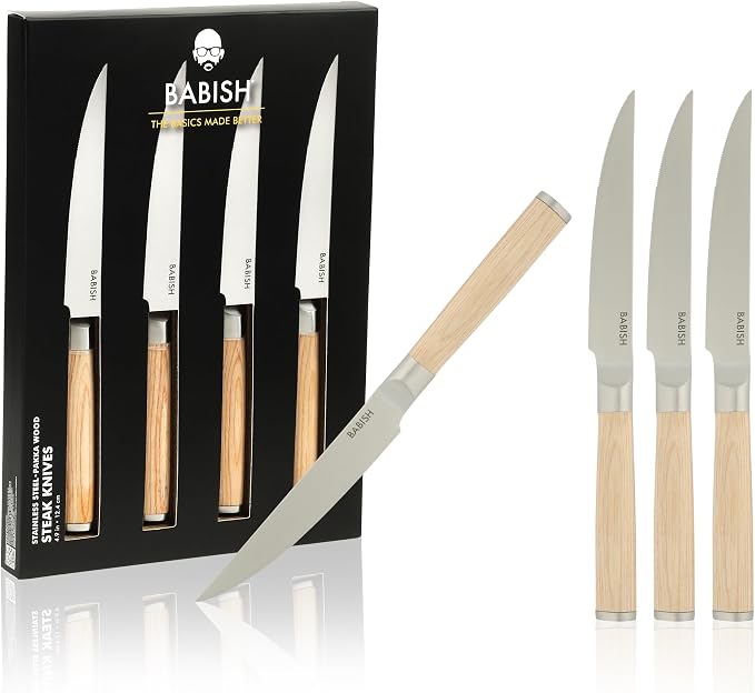 Babish 4-Piece 1.4116 German Stainless Steel Steak Knife Set with Light Pakka Wood Handles – Full-Tang Steak Knives for Dining, Entertaining & Everyday Table Use