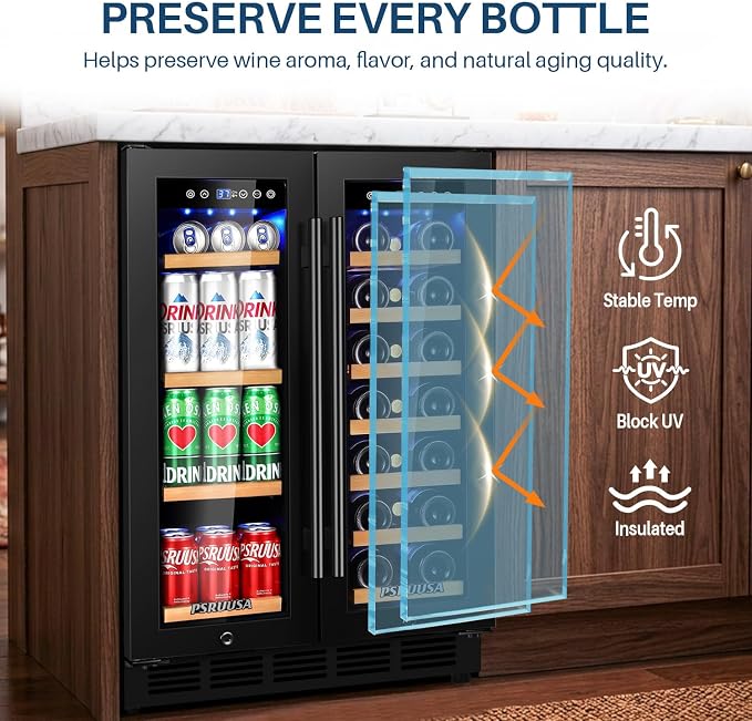 24 Inch Wine and Beverage Refrigerator Dual Zone Wine Fridge Beverage Cooler Holds 88 Cans and 20 Bottles, Seamless Frame, Built-In or Freestanding with Glass Door for Kitchen, Home Bar