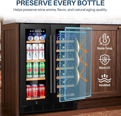 24 Inch Wine and Beverage Refrigerator Dual Zone Wine Fridge Beverage Cooler Holds 88 Cans and 20 Bottles, Seamless Frame, Built-In or Freestanding with Glass Door for Kitchen, Home Bar