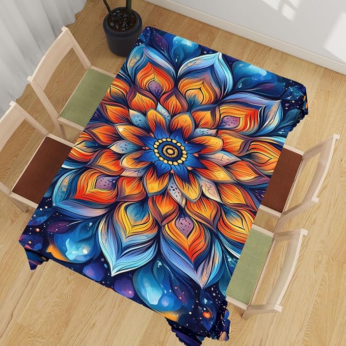 Mandala Decorative Rectangle Table Cloth Colorful Fantasy Mysterious Flower Rectangle Table Cover Anti-Oil Tablecloth for Dining Tables, Parties, Wedding and Banquet Decoration 52 x 70 Inch 4-6 Seats