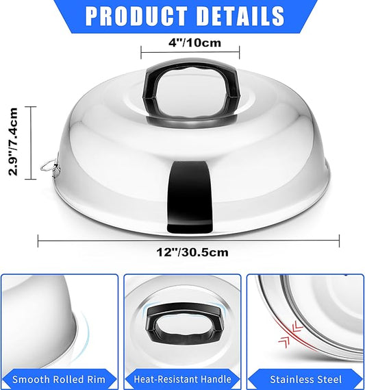 Cheese Melting Dome Set of 3, Leonyo 12"-9"-6.5" Metal Steam Basting Cover for Griddle Grill, Heavy duty Stainless Steel Griddle Accessories for BBQ Flat Top Kitchen Cooking Hamburger, Heat Proof Grip