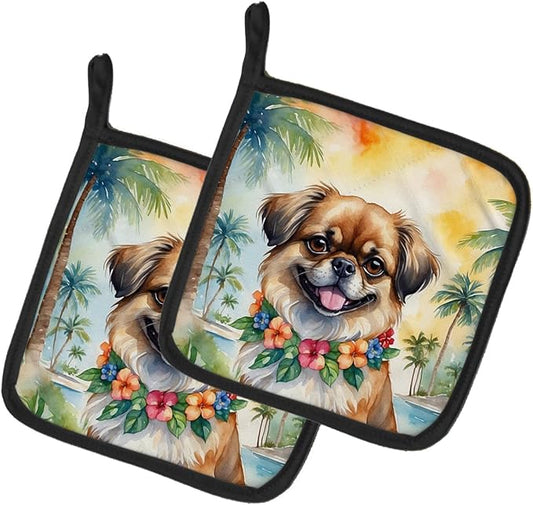 Caroline's Treasures Tibetan Spaniel Luau Pair of Pot Holders Kitchen Heat Resistant Pot Holders Sets Oven Hot Pads for Cooking Baking BBQ, 7 1/2 x 7 1/2