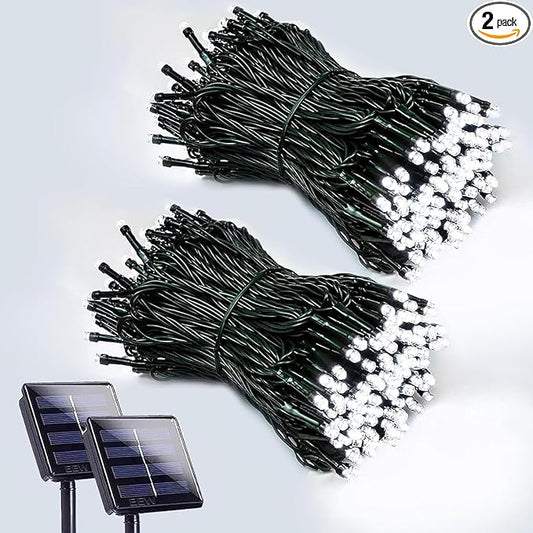 Solar String Lights Outdoor 2 Pack 200 LED Solar Christmas Light Cool White | 8 Lighting Modes, Memory Function, Auto On/Off, 66FT Waterproof Twinkle Lights for Outside Wedding Holiday Party Decorations