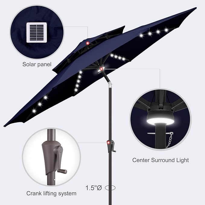 Solar Patio Umbrella Outdoor with Centre Light, 9 ft Navy Blue | 2 Tiers, 40 LED Lights, UV Protection, Solar Outdoor Umbrella for Porch, Deck, Pool, Garden, Provides Evening Lighting