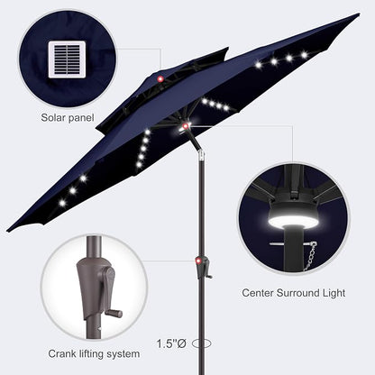 Solar Patio Umbrella Outdoor with Centre Light, 9 ft Navy Blue | 2 Tiers, 40 LED Lights, UV Protection, Solar Outdoor Umbrella for Porch, Deck, Pool, Garden, Provides Evening Lighting