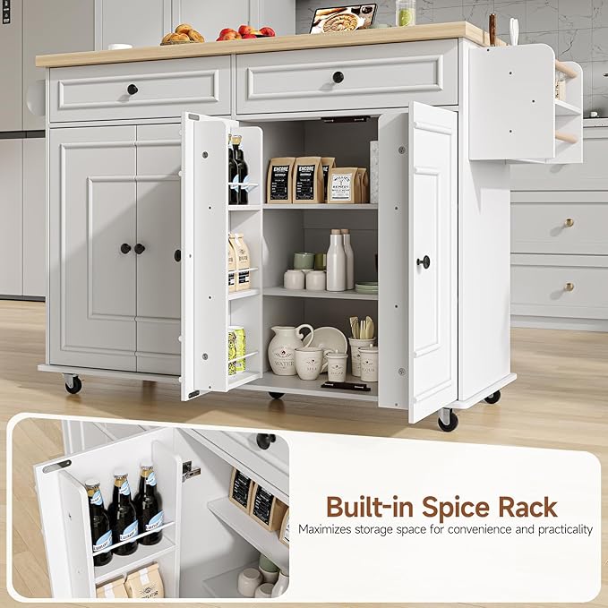 ComfyCorner 58" Rolling Kitchen Island with Storage, Island Table for Kitchen with Power Outlet, Multi-level Kitchen Islands on Wheels, Mobile Bar Cart with Spice Rack, Towel Rack, Knife Holder, White