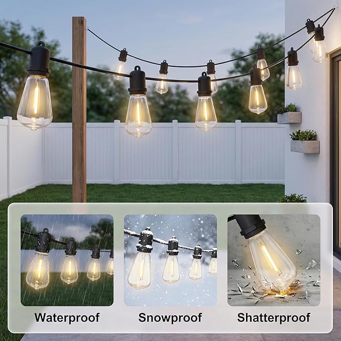 50FT LED Outdoor String Lights - 27 Shatterproof ST38 Edison Bulbs - Waterproof Patio Decor for Outside - Dimmable Bistro Cafe Hanging Lights