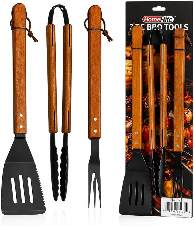 Premium 3-Piece BBQ Tool Set - Heavy Duty Stainless Steel Grilling Utensils with Spatula, Tongs, Fork - Professional Grill Accessories Kit for Outdoor Patio, Camping, and Barbecue Cooking
