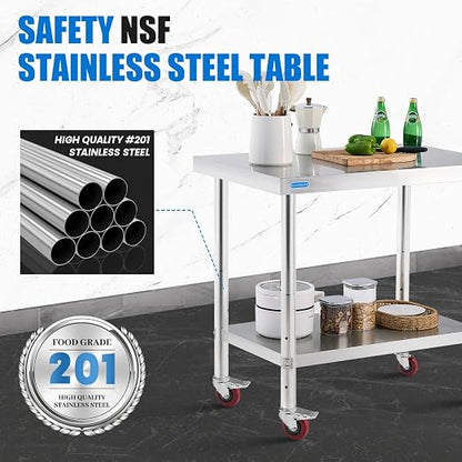 KUARBARR Stainless Steel Table for Prep & Work with 4 Caster Wheels with Undershelf 24 x 36 NSF Metal Commercial Kitchen Adjustable Undershelf Worktable for Restaurant Home Outdoor