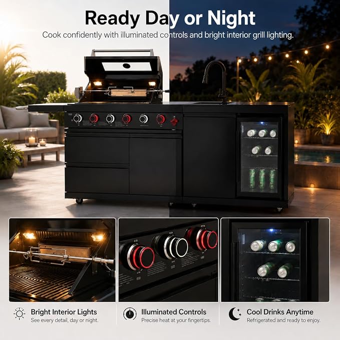 84 Inch Outdoor Kitchen Island Grill, 6 Burner 75300 BTU Propane BBQ Island with Sink, Beverage Refrigerator, Rotisserie Kit, Griddle, SS304 Stainless Steel, Granite Top, Black