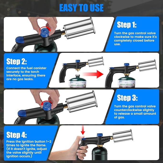Powerful propane torch gun Ergonomic handle, One-Touch Ignition, Adjustable Flame, Flame Thrower with One-Piece Safety Design Ideal for Grill & Cooking, Sous Vide, Searing Steak, BBQ, Campfire Starter