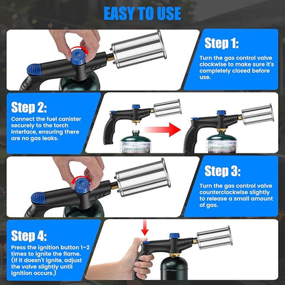 Powerful propane torch gun Ergonomic handle, One-Touch Ignition, Adjustable Flame, Flame Thrower with One-Piece Safety Design Ideal for Grill & Cooking, Sous Vide, Searing Steak, BBQ, Campfire Starter