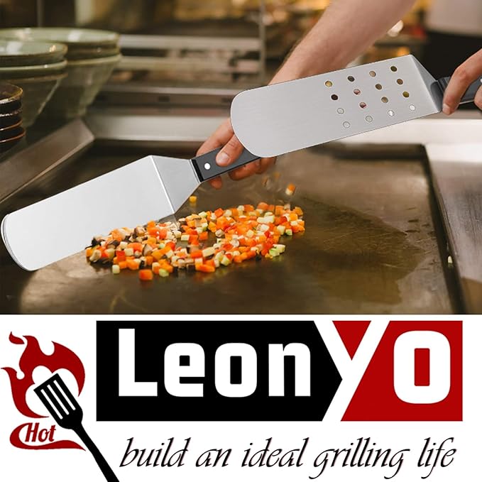 Griddle Accessories Set of 5, Leonyo Stainless Steel Grill Griddle Tool Set- Metal Spatula for Flat Top Hibachi Teppanyaki Kitchen Cooking, Riveted Grip, Dishwasher Safe, S Hooks, Indoor Outdoor