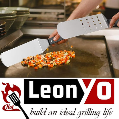 Griddle Accessories Set of 5, Leonyo Stainless Steel Grill Griddle Tool Set- Metal Spatula for Flat Top Hibachi Teppanyaki Kitchen Cooking, Riveted Grip, Dishwasher Safe, S Hooks, Indoor Outdoor