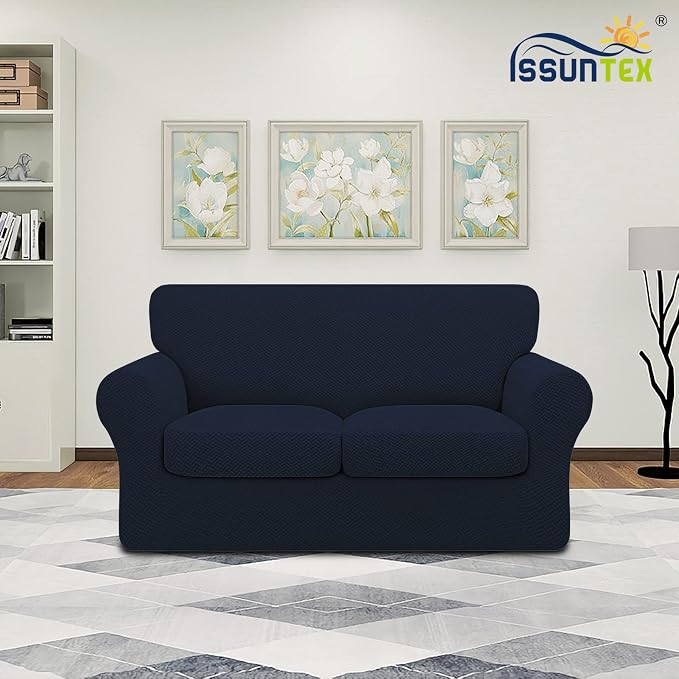 ISSUNTEX 3 Pieces High Stretch Thicken Loveseat Couch Covers, Soft Sofa Slipcover for 2 Separate Cushion Couch, Jacquard Fabric Elastic Sofa Cover Furniture Protector for Dogs (Loveseat, Navy)