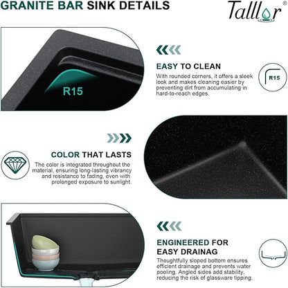 18x18 Inch Undermount Bar Sink Workstation - Matte Black Granite Composite Single Bowl Classic Quartz Under Counter Small Wet Prep Sink for Kitchen Bar, RV, and Boat #TLGU-130