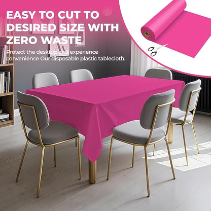 54 Inch X 100 Feet Plastic Table Cover Roll Premium Disposable Plastic Tablecloth for All Type/Shape Tables | Picnic, Party, Banquet, Birthdays, Weddings (Fuchsia, 54 Inch X 100 Feet)